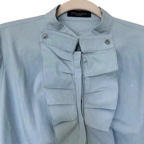 Piazza Sempione Light Blue Ruffle Button Down Shirt Blouse Made in Italy Sz M/8 - Picture 5 of 16
